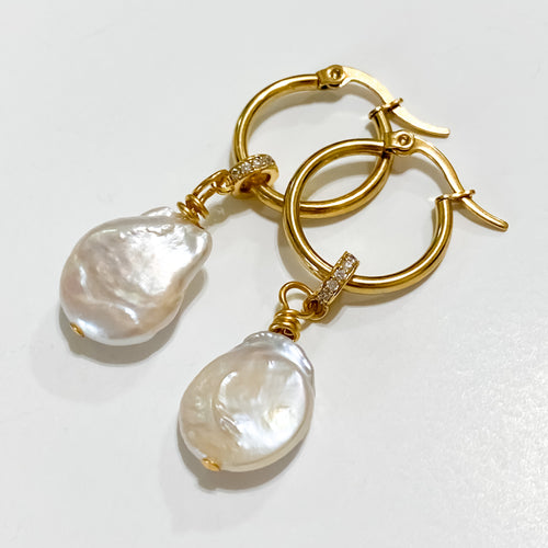 Coin Pearl Hoop Earrings